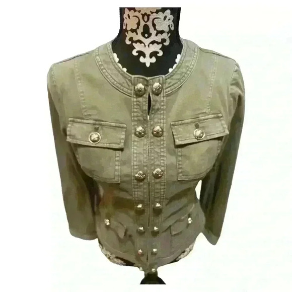WHBM Gold Button Trim Military Jacket, Forever Olive Size 4 - Picture 3 of 11